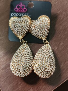 paparazzi Gold Heart & Teardrop Pave Rhinestone Drop Earrings